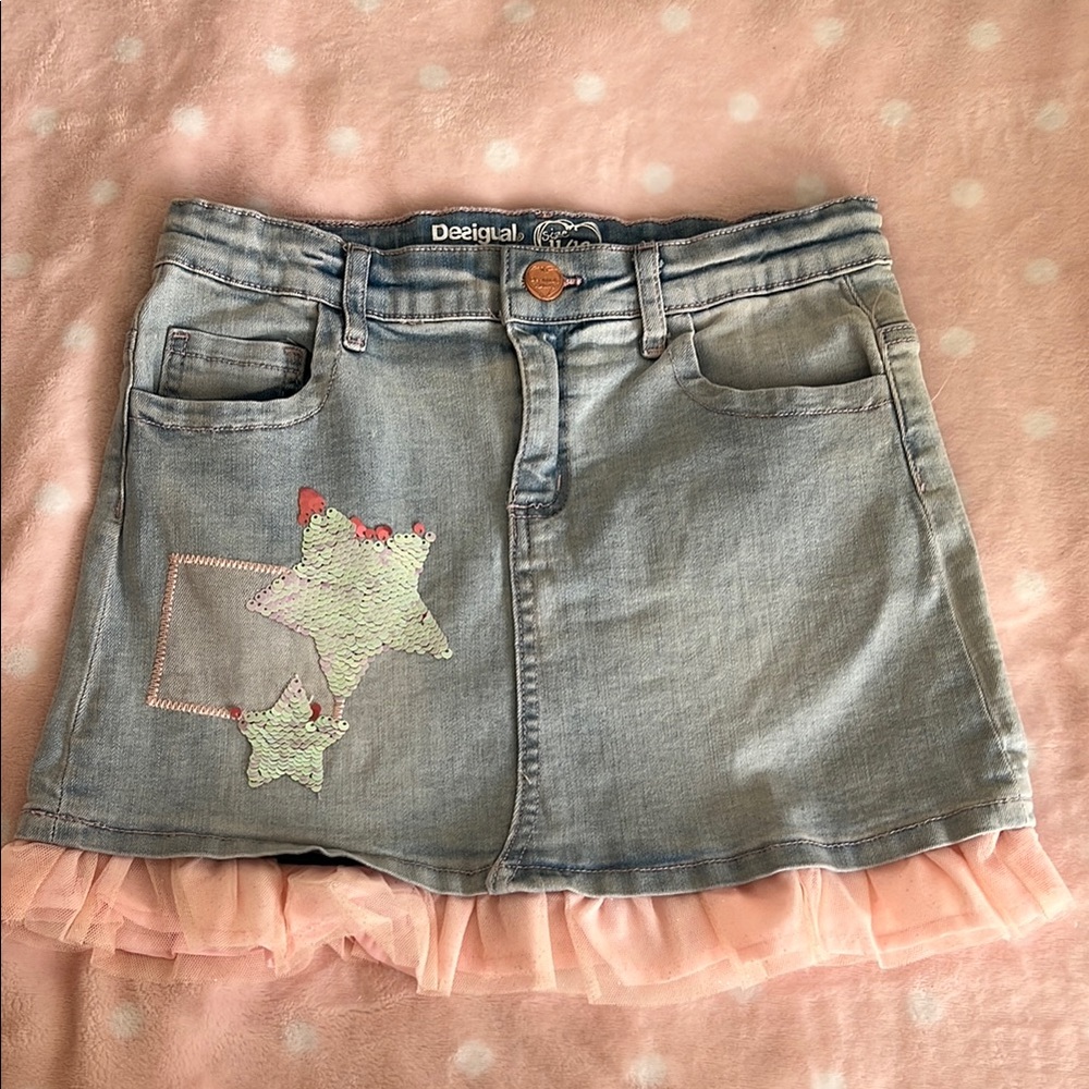 Desigual Blue Mini Skirt Ruffled Embellished Casual